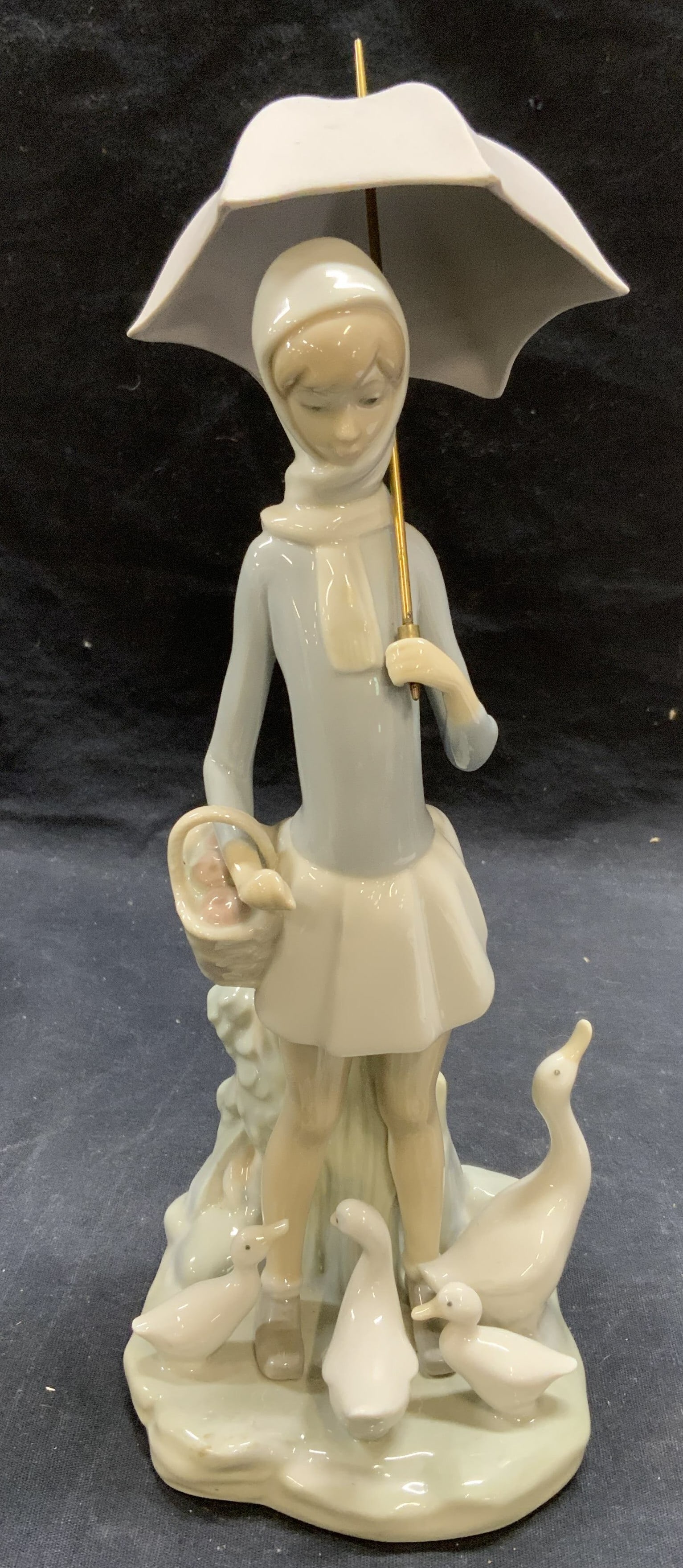 Lladro Girl & Ducks Porcelain Figurine, Spain: Lladro 4510 girl feeding ducks porcelain figurine. Made in Spain. Trademarked to underside. Measures approx. 4 x 10.5 inches. Some surface wear consistent with exposure. Lladro, lladro figurine, lladr