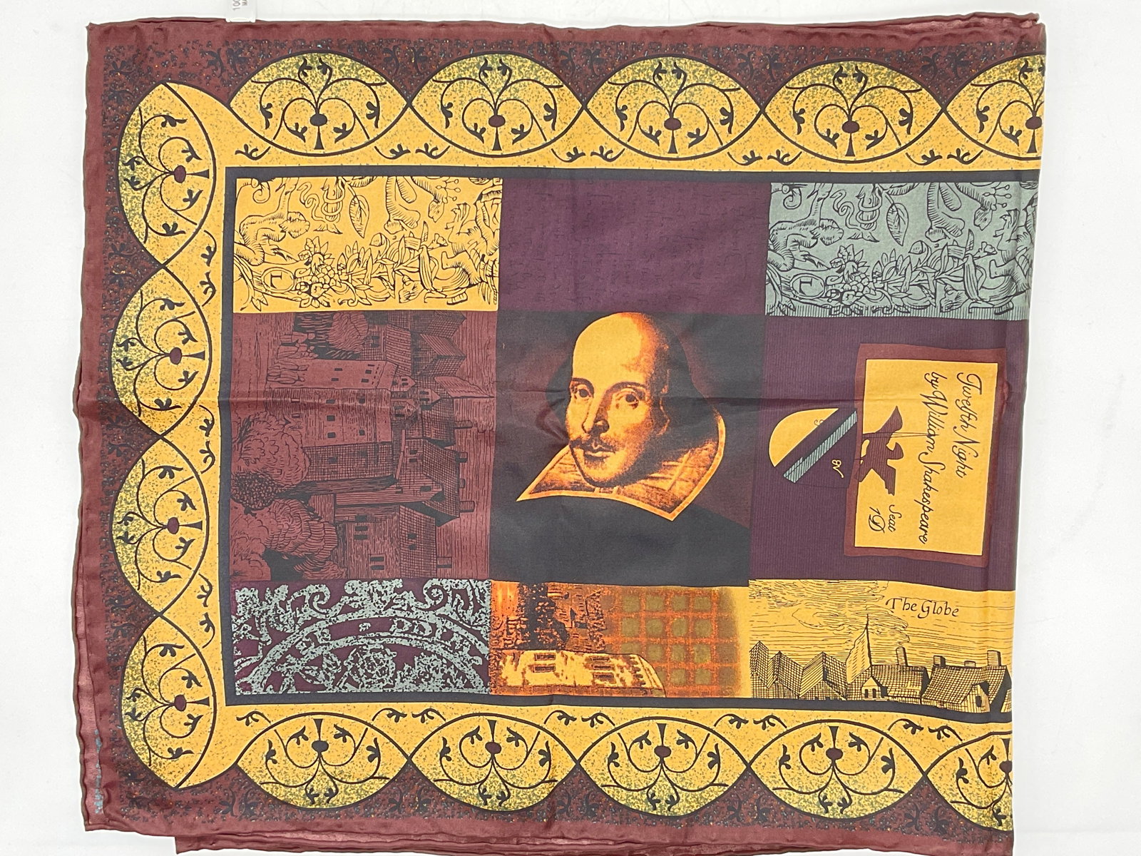 Silk Shakespeare Detailed Scarf: Silk Shakespeare Detailed Scarf. Hand rolled edges. Label reads 100% Silk. Measures approx 60 x 13.5 in. Silk scarf, Shakespeare scarf, Shakespeare, spring fashion, silk scarf, womens fashion, mens fa