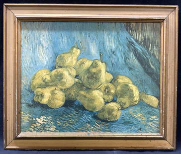 Still Life With Quinces Van Gogh Litho: Lithograph of Van Goghs Still Life With Quinces Depicting a bunch of quinces against a blue background. Framed in a gold metal leafed wooden frame. Approx 20.5 x 24.5 inches window measures 15.5 x 19.