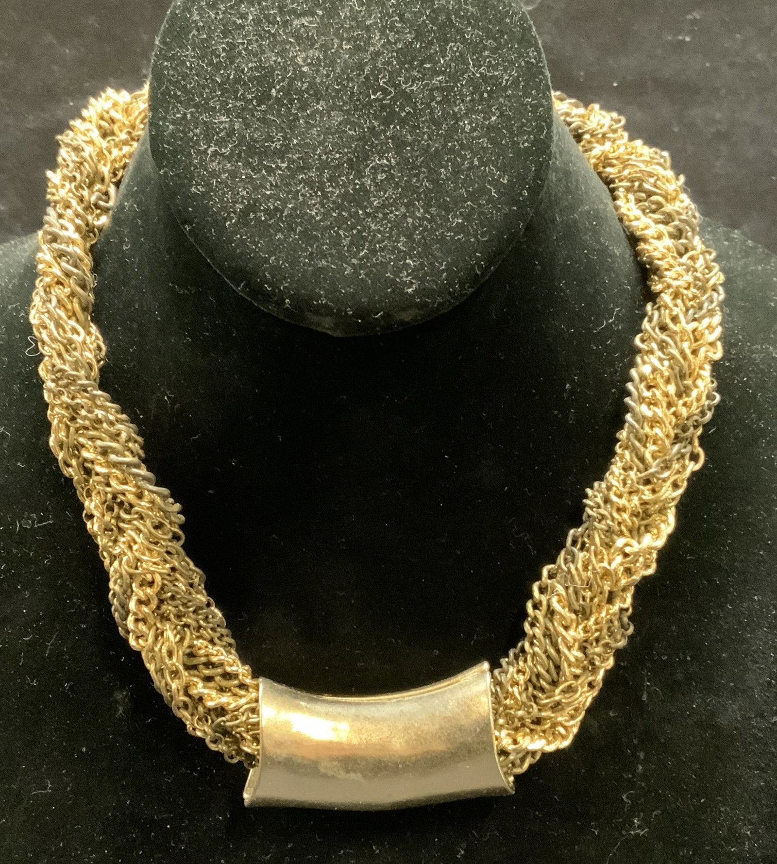 Gold Tone Multi Chain Choker Necklace: Gold tone multi chain choker necklace. Drop length approx. 7 inches. Surface wear including tarnishing and scratching observed. Estate jewelry, cocktail jewelry, costume jewelry, fashion jewelry, acce