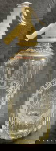 Vintage Schweppes Clear Glass Soda Syphon: Vintage Schweppes Clear Glass Soda Syphon with silver toned hardware. Stamped SCHWEPPES By appointment to Her Majesty The Queen. Mineral water manufacturers Schweppes Ltd. Some surface wear consistent
