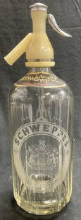 Vintage Schweppes Clear Glass Soda Syphon: Vintage Schweppes Clear Glass Soda Syphon with silver toned hardware. Stamped SCHWEPPES By appointment to Her Majesty The Queen. Mineral water manufacturers Schweppes Ltd. Some surface wear consistent