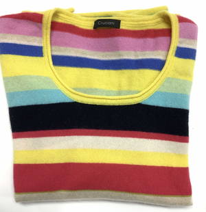 Cruciani Striped Cashmere Sweater, Italy: Italian Cashmere sweater with rolled hems. Designer Cruciani. Made in Italy. Horizontal stripes in vivid colors - pink, green, yellow, blue, black. Size small. Made in Italy clothing, Cashmere Sweater