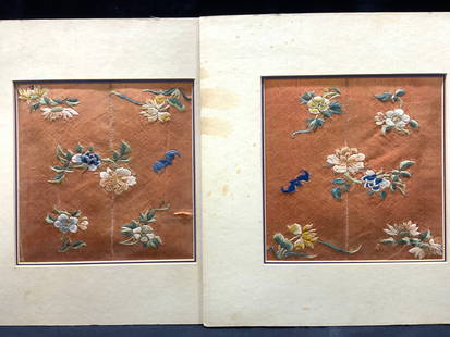 2 Vntg Asian Embroidery Textile Panels: Lot do 2 Asian textile panels with embroidered flowers throughout. No frames. Comes with off white mat boards Approx 12 x 12 inches window measures 7.25 x 7,25 inches Evident discoloration to mat boar