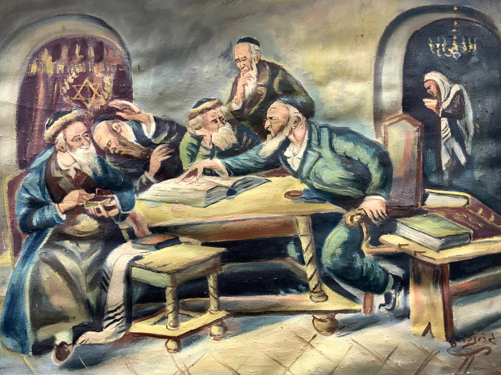 GREENBAUM Signed Rabbis Oil Painting: Signed on lower right corner in Hebrew, translates to GREENBAUM. Depicts a group of Rabbis around a table, with some seeming to be in debate and others listening with a Star of David on the background