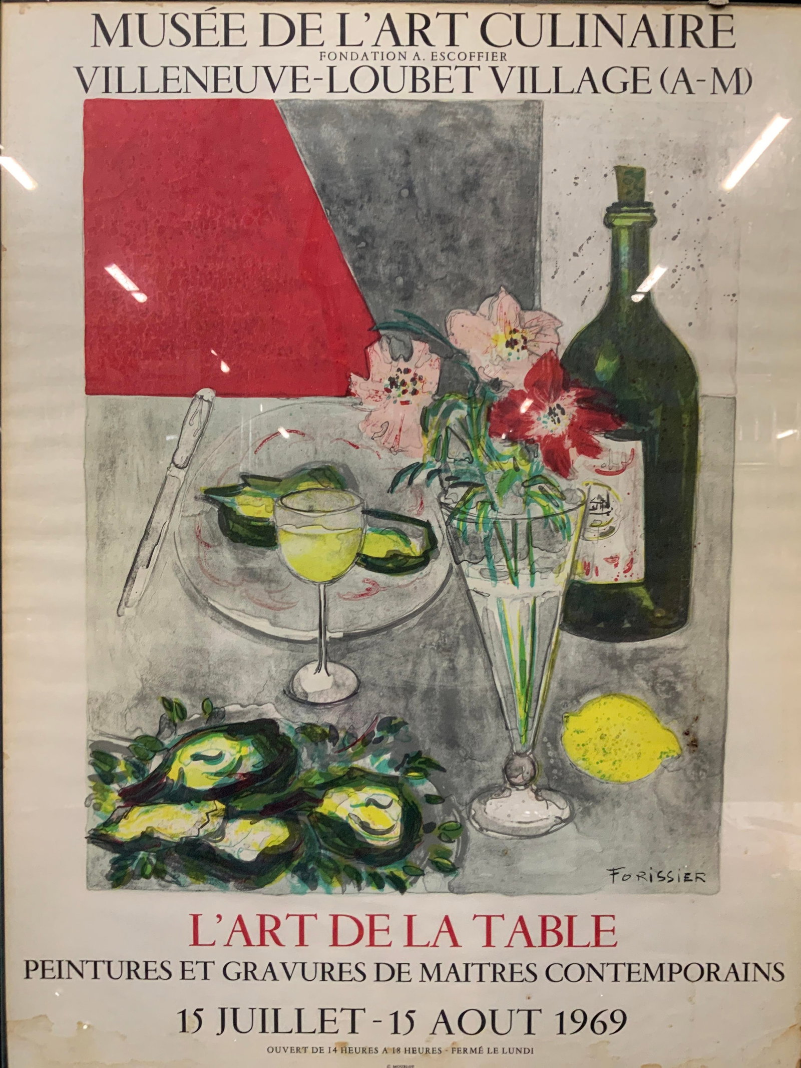 Art Of The Table Vintage Exhibition Lithograph: French exhibition lithograph reading Culinary Art Museum, Art of the table, 15 July to 15 August 1969 Depicts a work marked by artist Forissier Depicts a table with food and wine. Mounted within two p
