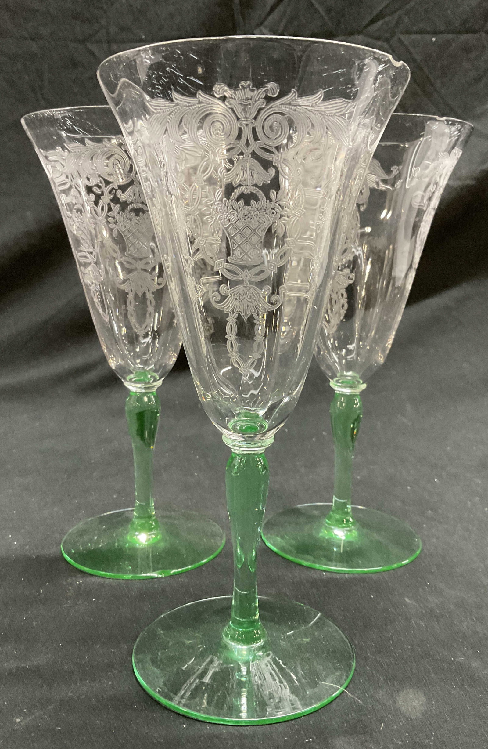 Set of 3 Hand Blown Crystal Green Stemmed Glasses: Set of 3 vintage Hand Blown needle etched Clear Crystal bowl with Green Stem Wine Glasses. Measures approx. 7.5 H in. Some surface wear consistent with age and use. Some chipping present. Barware, cry