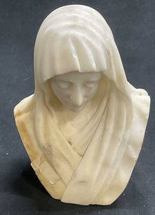 Virgin Mary White Marble Bust: Virgin Mary White Marble Bust. Measures approx 5.5H x 3W in at widest points. Some surface wear consistent with age, use and exposure. Some residue present. Religious tabletop decor. Religious decorat