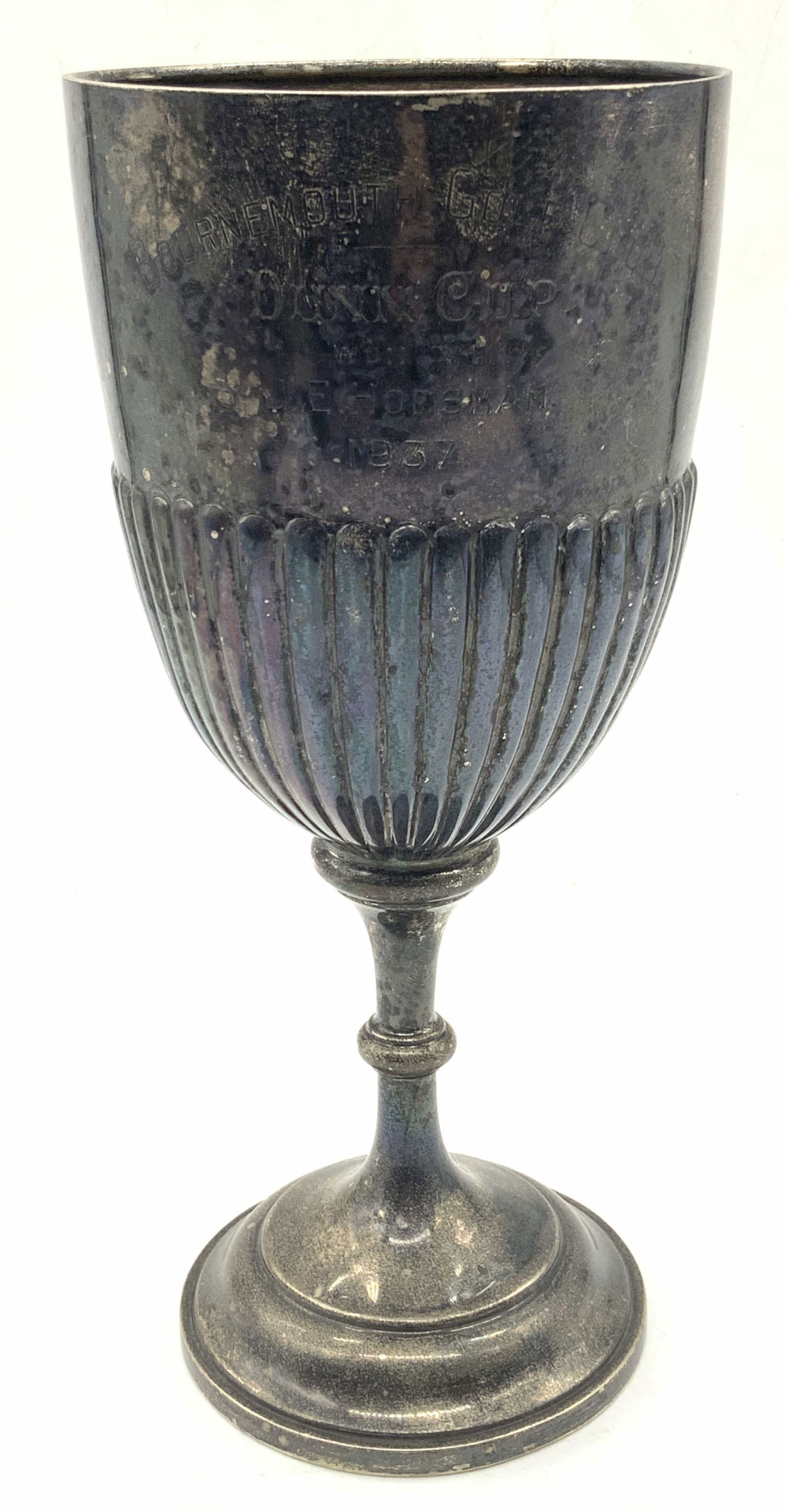 Vntg Sterling Silver Monogrammed Stemware: Vintage goblet, tested positive for sterling silver using Puritest metal tester. Stamped on other side with markers Passats. Monogrammed on observe side, Bournemouth golf club, Dunn cup, 1937 Approx 9