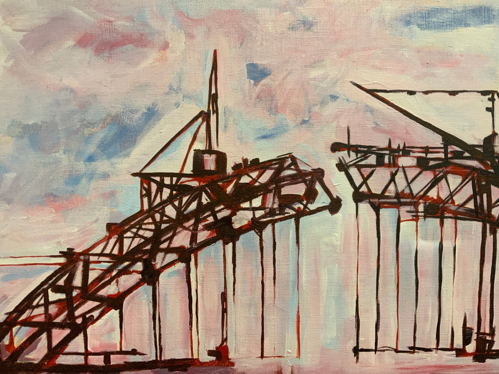 XL Signed Unfinished Bridge Acrylic on Canvas 5ft: XL Signed Unfinished Bridge Acrylic on Canvas, artist signature to lower right corner illegible, shows an unfinished in an pink and red tones with blue highlights, measures 60 1/2 x 47 3/4 inches, bla