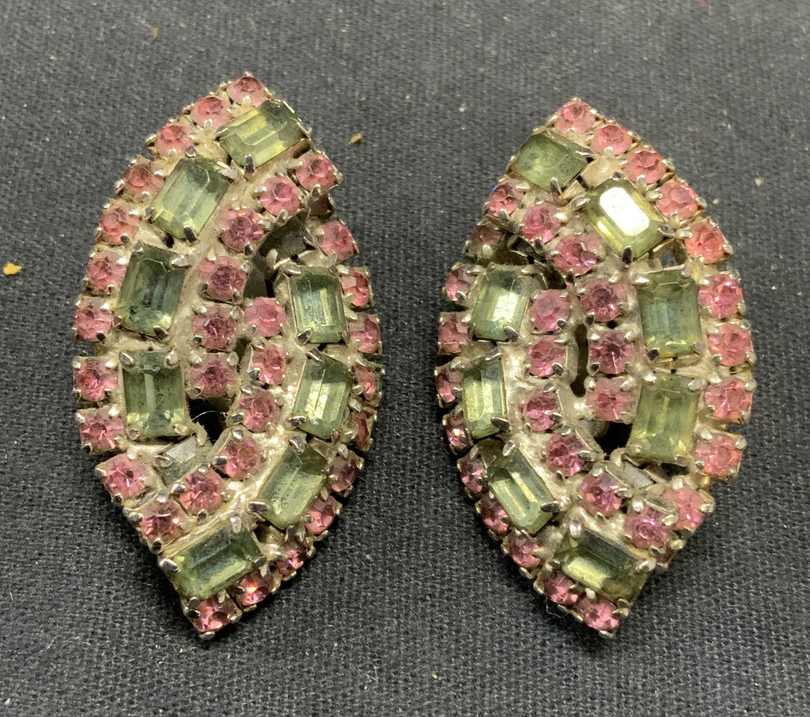Silver Tone Pink & Green Crystal Earrings (1 of 6)