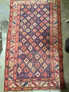 Antique Hand Loomed Persian Wool Area Rug: Hand Woven Wool Area Carpet with Reticulated floral detail with 3 distinct geometric pattern border. End fringes. Colors of red, cobalt, and taupe.measures 33 3/4 x 59 in. Areas where there is more we