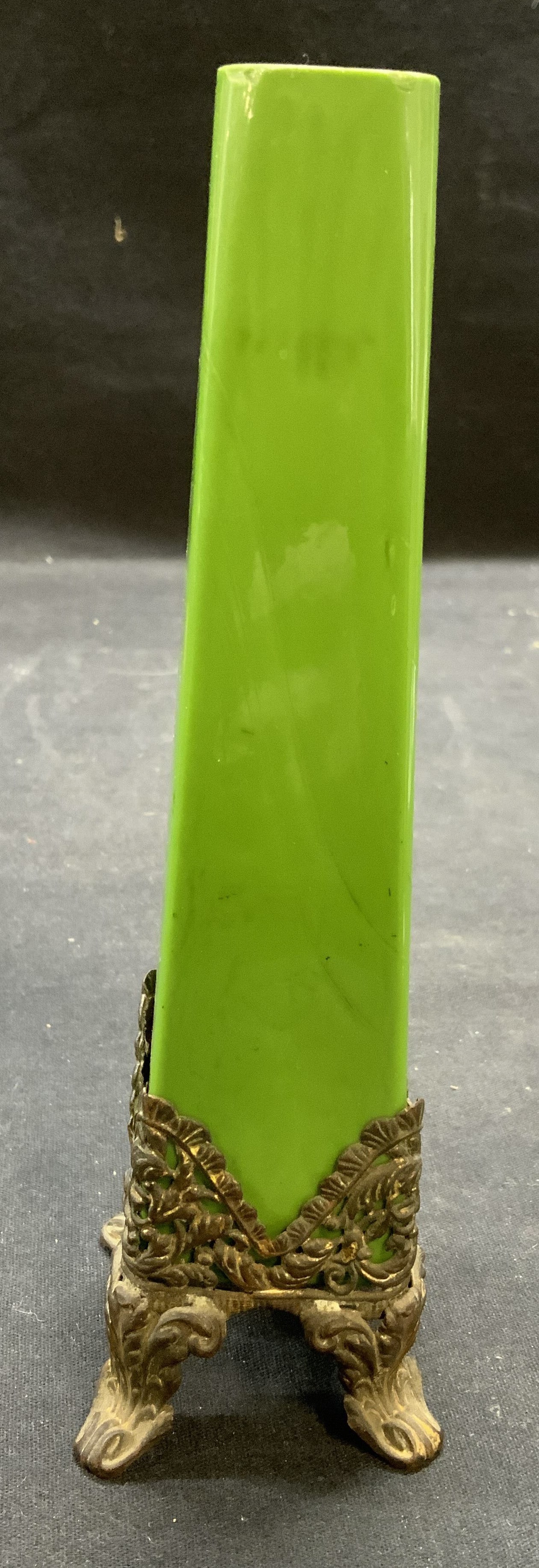 Vintage Brass Filigree Footed Green Glass Vase (1 of 6)