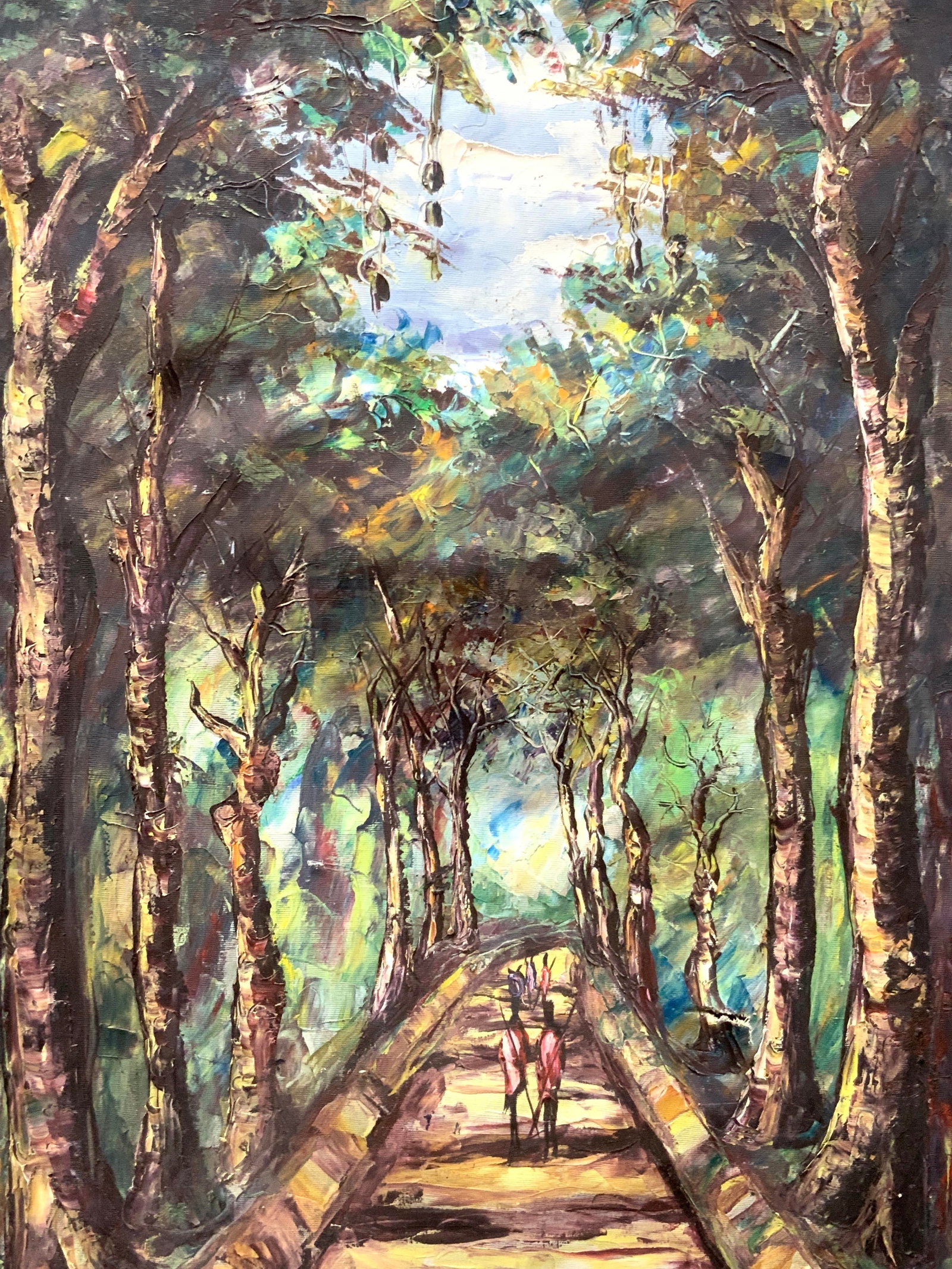 Signed Tribesman On Path Oil Painting: Signed on lower right corner, possibly reads Kleul Depicts a vast forest with tribal men with spears walking the path No frame. Approx 23 x 15 inches. AS IS. Evident tear to canvas center and wearing 