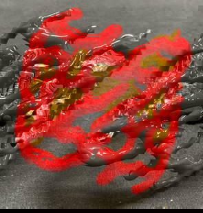 KENNETH LANE KJL Red Coral Cuff Bracelet: Vintage Kenneth Lane KJL red enameled coral form cuff bracelet. Signed to interior cuff. Measures approx. 2.5 inches wide, cuff approx. 2.5 inches wide. Some surface wear consistent with exposure. Est