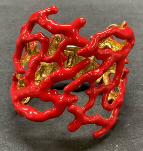 KENNETH LANE KJL Red Coral Cuff Bracelet: Vintage Kenneth Lane KJL red enameled coral form cuff bracelet. Signed to interior cuff. Measures approx. 2.5 inches wide, cuff approx. 2.5 inches wide. Some surface wear consistent with