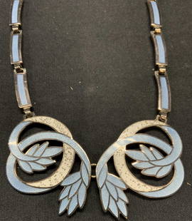 Margot de Taxco Mexico Sterling Silver Necklace: Sterling silver necklace with blue and white enameled decoration. Signed to underside, appears to read Margot de Taxco (partially illegible). Flowers in Curls design. Tests for sterling using