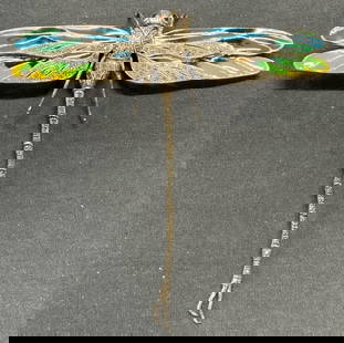 XL Signed MT Sterling Silver Dragonfly Brooch 4+in: Signed sterling silver, marcasite, enamel and red gemstone, possibly garnet, decorated dragonfly brooch. Marked. 925 to underside. Signed MT with maker mark to underside. Some surface wear including t