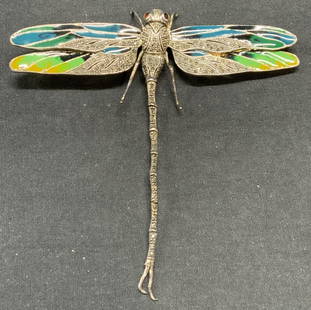 XL Signed MT Sterling Silver Dragonfly Brooch 4+in: Signed sterling silver, marcasite, enamel and red gemstone, possibly garnet, decorated dragonfly brooch. Marked. 925 to underside. Signed MT with maker mark to underside. Some surface wear including t