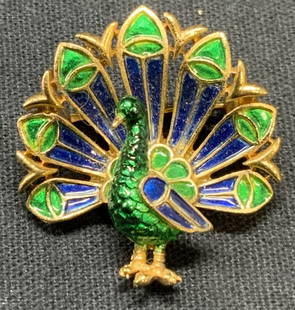 TRIFARI Gold Tone Enameled Peacock Brooch: Trifari gold tone enameled peacock brooch. Signed to underside. Hinge pin to underside. Measures approx. 1 x 1 inches. Some surface wear including scratching observed. Estate jewelry, costume jewelry,