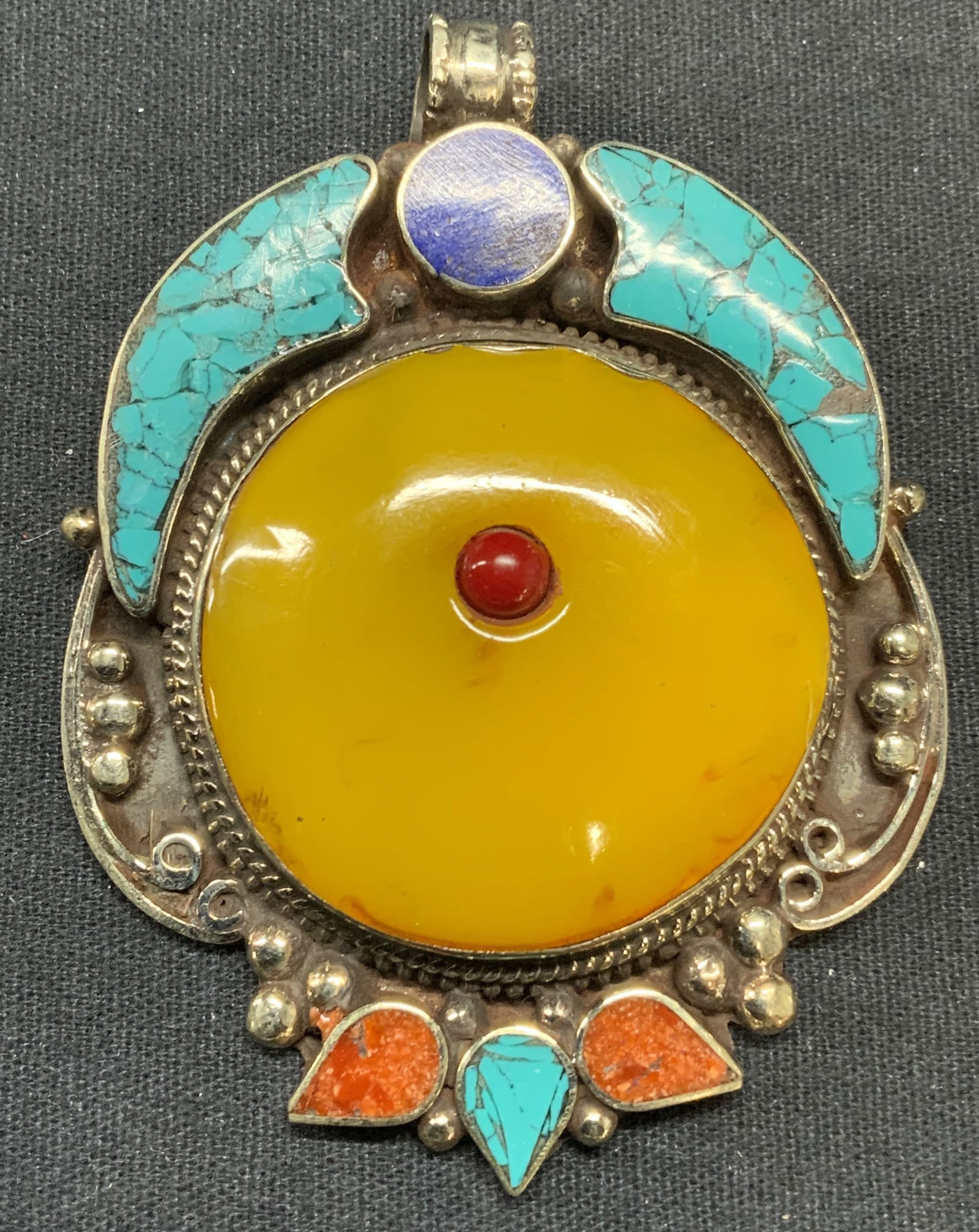 Tibetan Sterling Silver Amber Turquoise Pendant (1 of 6)