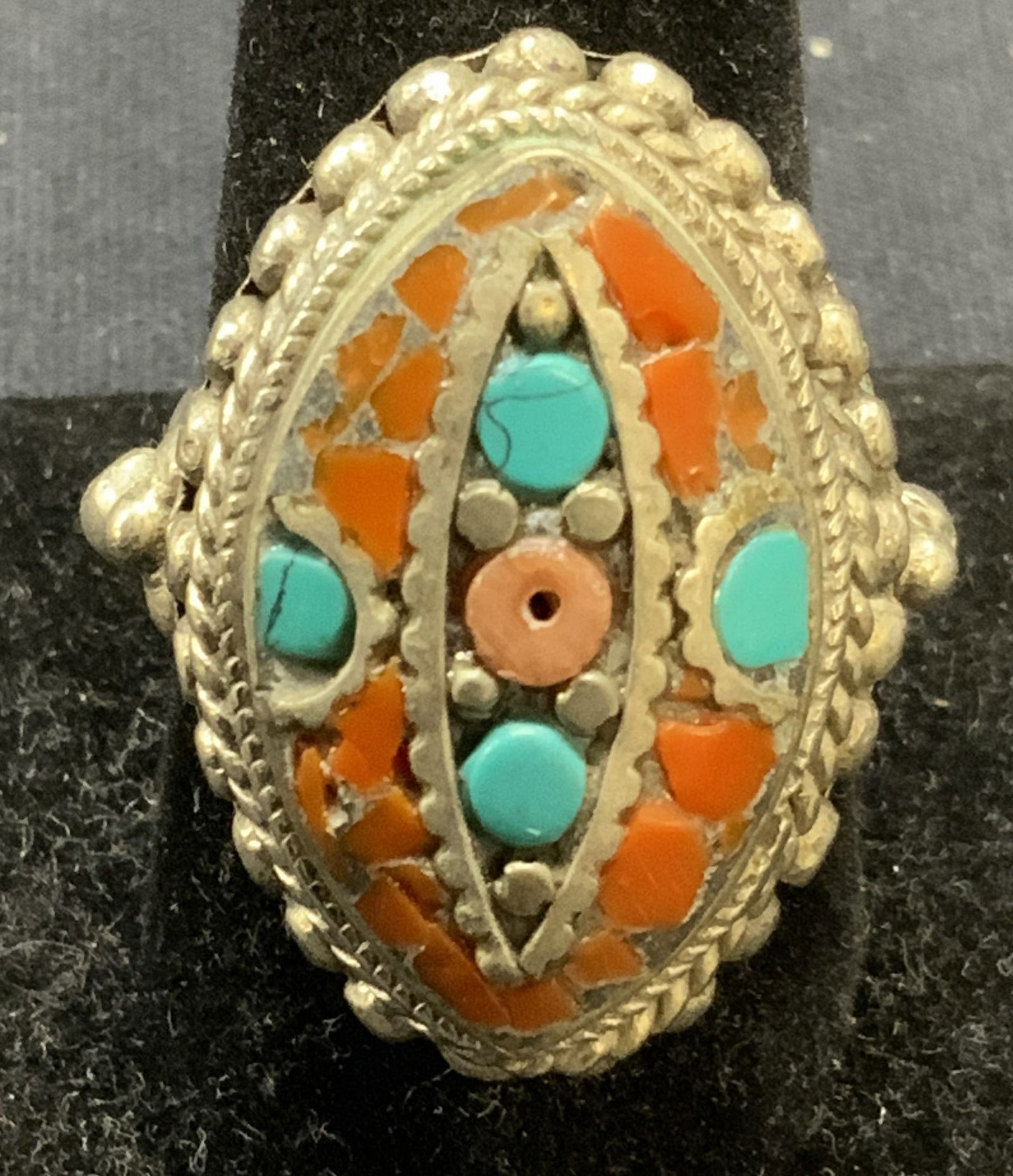Silver Tone Turquoise & Coral Cocktail Ring (1 of 6)