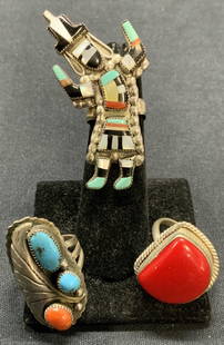 3 Sterling Silver Rings, AC ZUNI Figural, More: Lot of 3 jewelry pieces. Signed A. C. Zuni sterling silver ring with figural motif and inlaid turquoise, coral, mother of pearl, and possibly onyx. Ring size 5. Tests for sterling using PuriTEST kit.