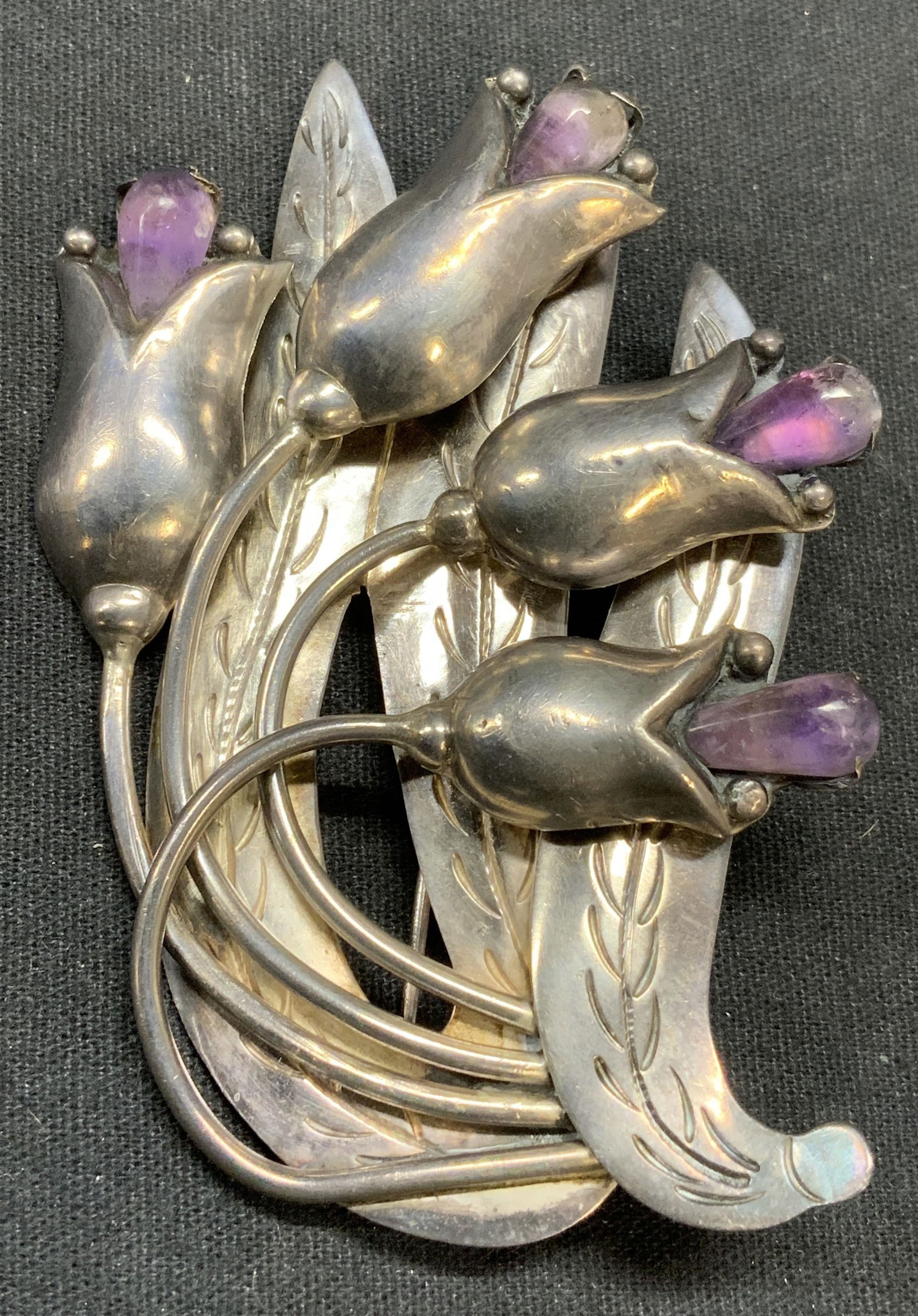 Sterling Silver Amethyst Flower Brooch, Mexico XL (1 of 6)