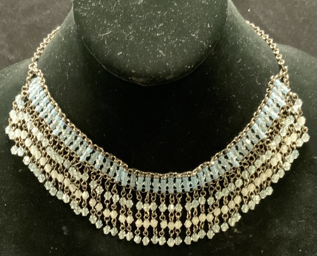 Silver Tone Blue Crystal Dangle Choker Necklace (1 of 7)