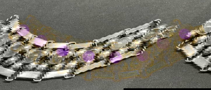 Sterling Silver & Amethyst Bracelet, Mexico: Sterling silver and amethyst bracelet. Marked Silver, Mexico to underside. Measures approx. 6.75 inches long. Some surface wear including scratching observed. Total weight 2.7 ozt. Includes jewelry bo