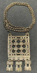 DAVID ANDERSEN Sterling Silver Pendant Necklace: Vintage David Andersen sterling silver brutalist pendant necklace. Signed Uni D-A Norway, Design Unn Tangerud to underside. Marked 925. Drop length approx. 11.25 inches. Pendant measures approx. 2 5/8