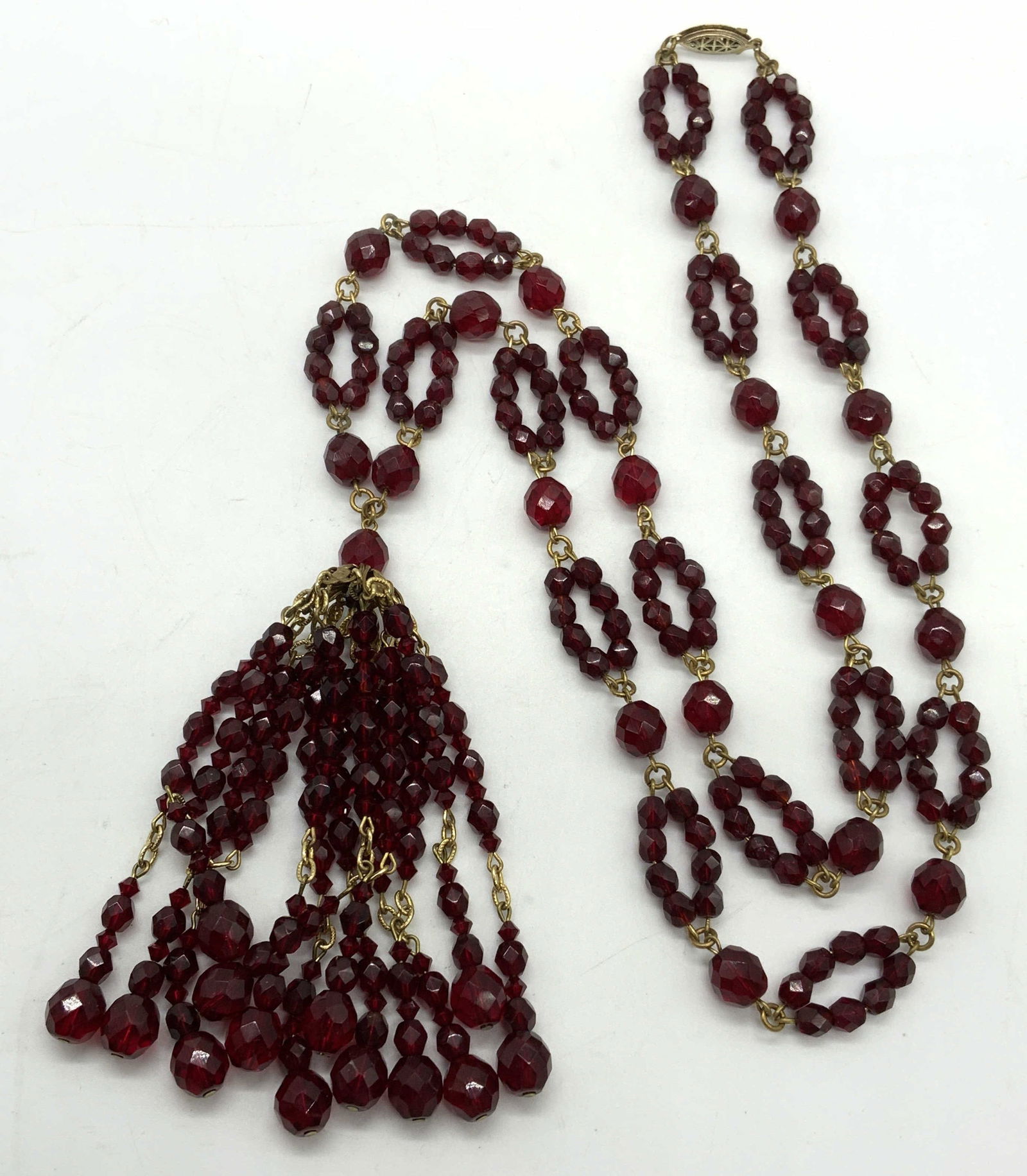 Gold Tone Red Crystal Beaded Tassel Necklace (1 of 7)