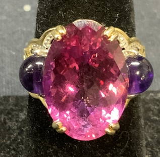 Signed NH Sterling Silver Pink Gemstone Ring: Signed NH sterling silver and possibly gold vermeil ring with pink gemstone and amethyst. Pink stone possibly simulated diamond or moissanite. Marked 925, NH to interior band. Ring size 7. Pink gemsto