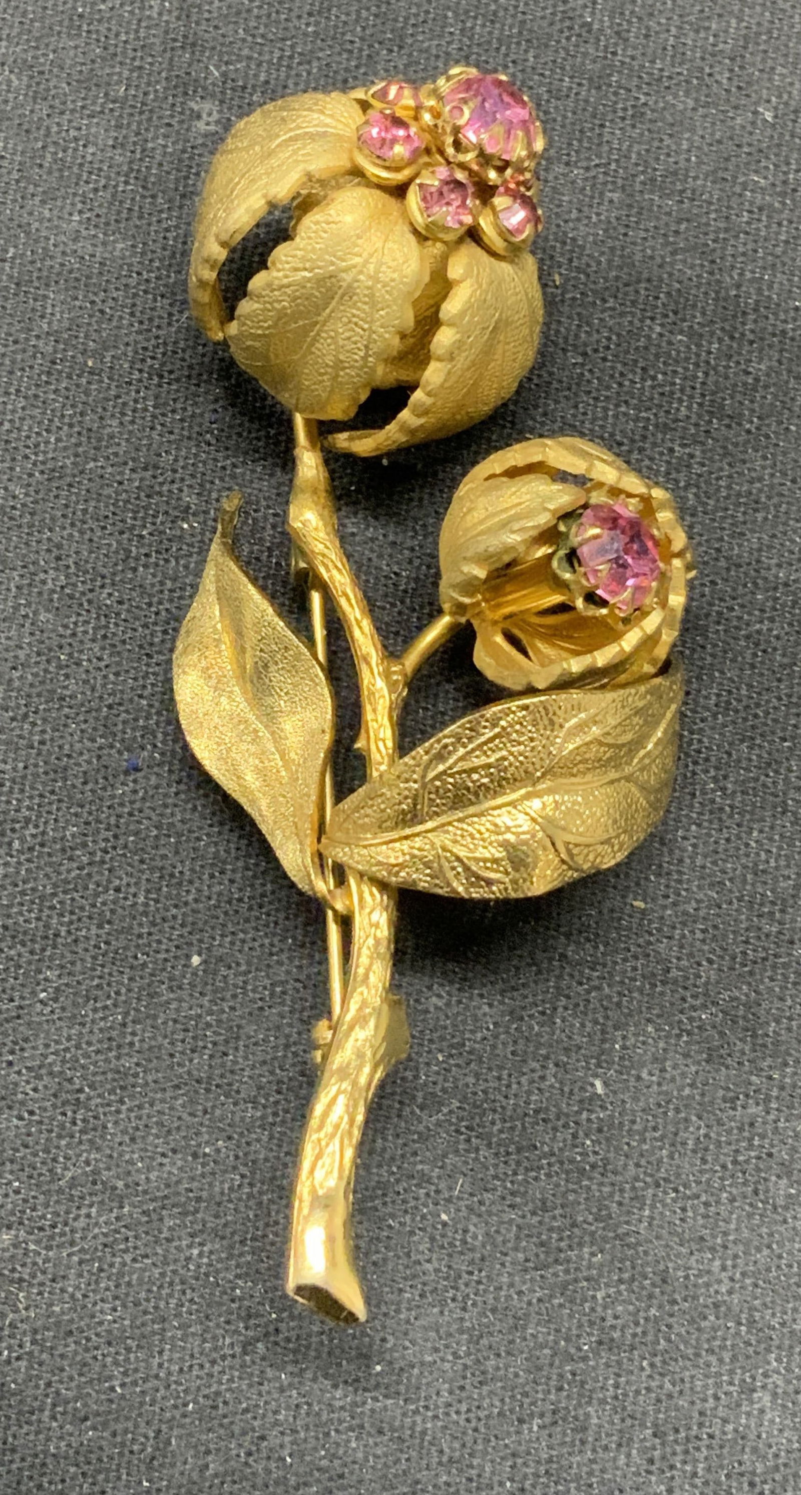 Gold Tone Pink Crystal Flower Brooch 2.75in (1 of 6)