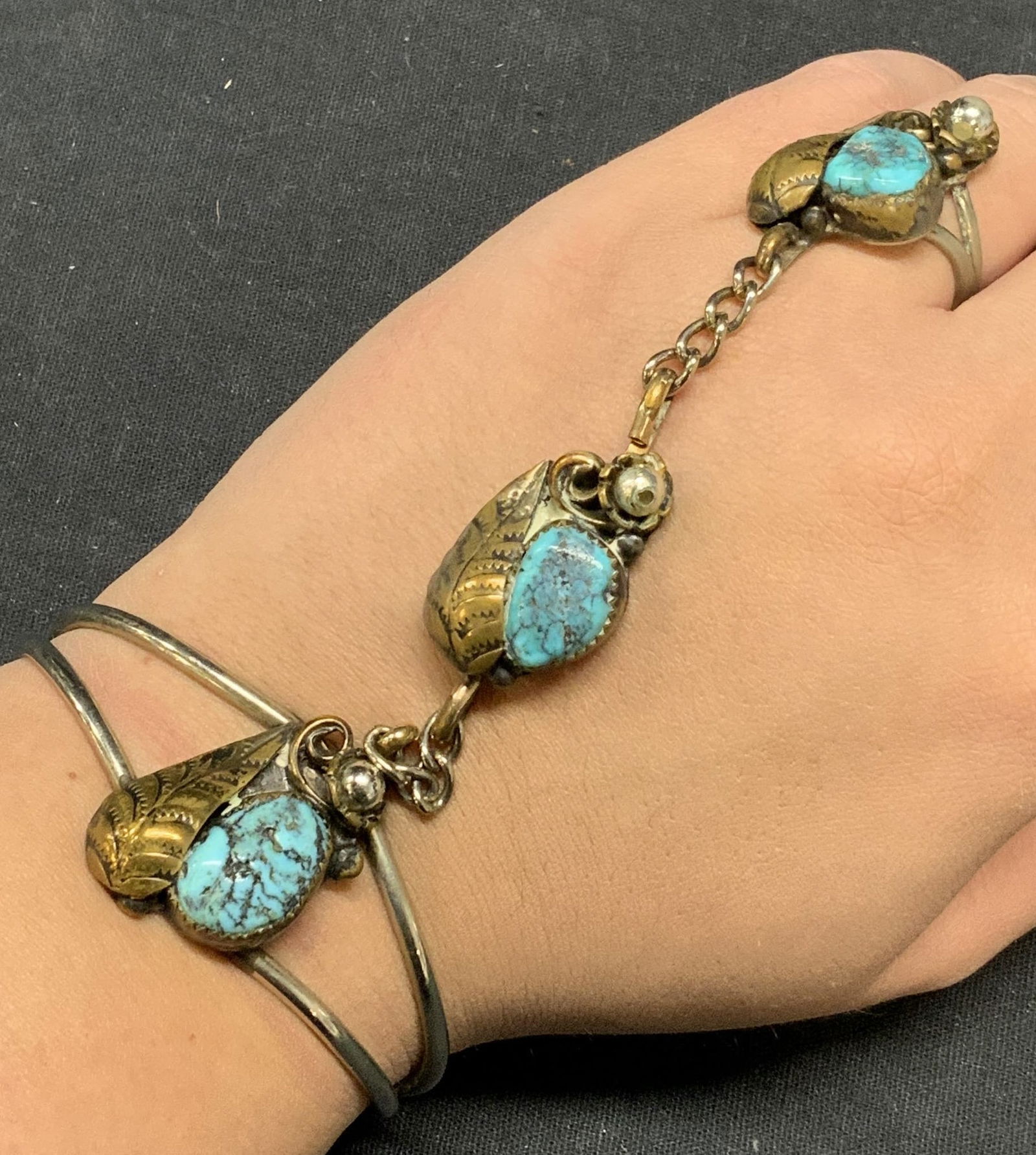 Silver Tn Turquoise Cuff Bracelet & Ring (1 of 7)