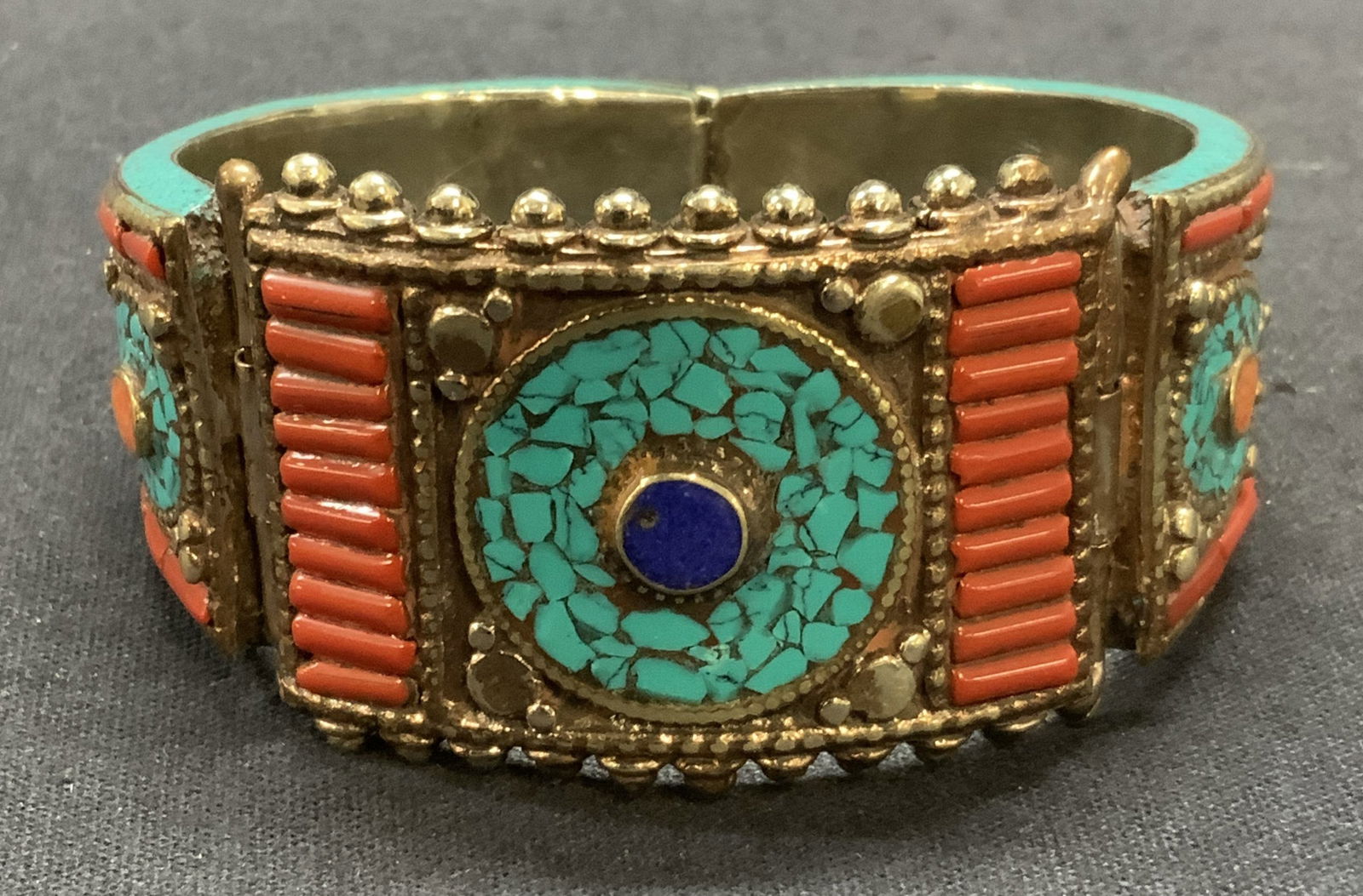 Chunky Silver Toned Turquoise & Coral Bracelet (1 of 6)