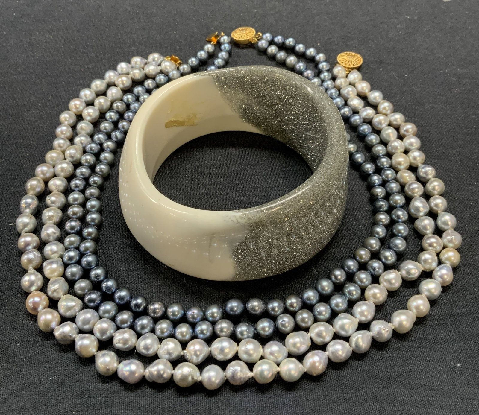 3 Blue & Gray Toned Tahitian Pearl Necklace, More: Lot of 3 jewelry pieces. Blue toned Tahitian pearl double strand necklace with 14k gold filled clasp. Total weight 234.5 carats. Gray toned Tahitian pearl double strand necklace with 14k gold filled c