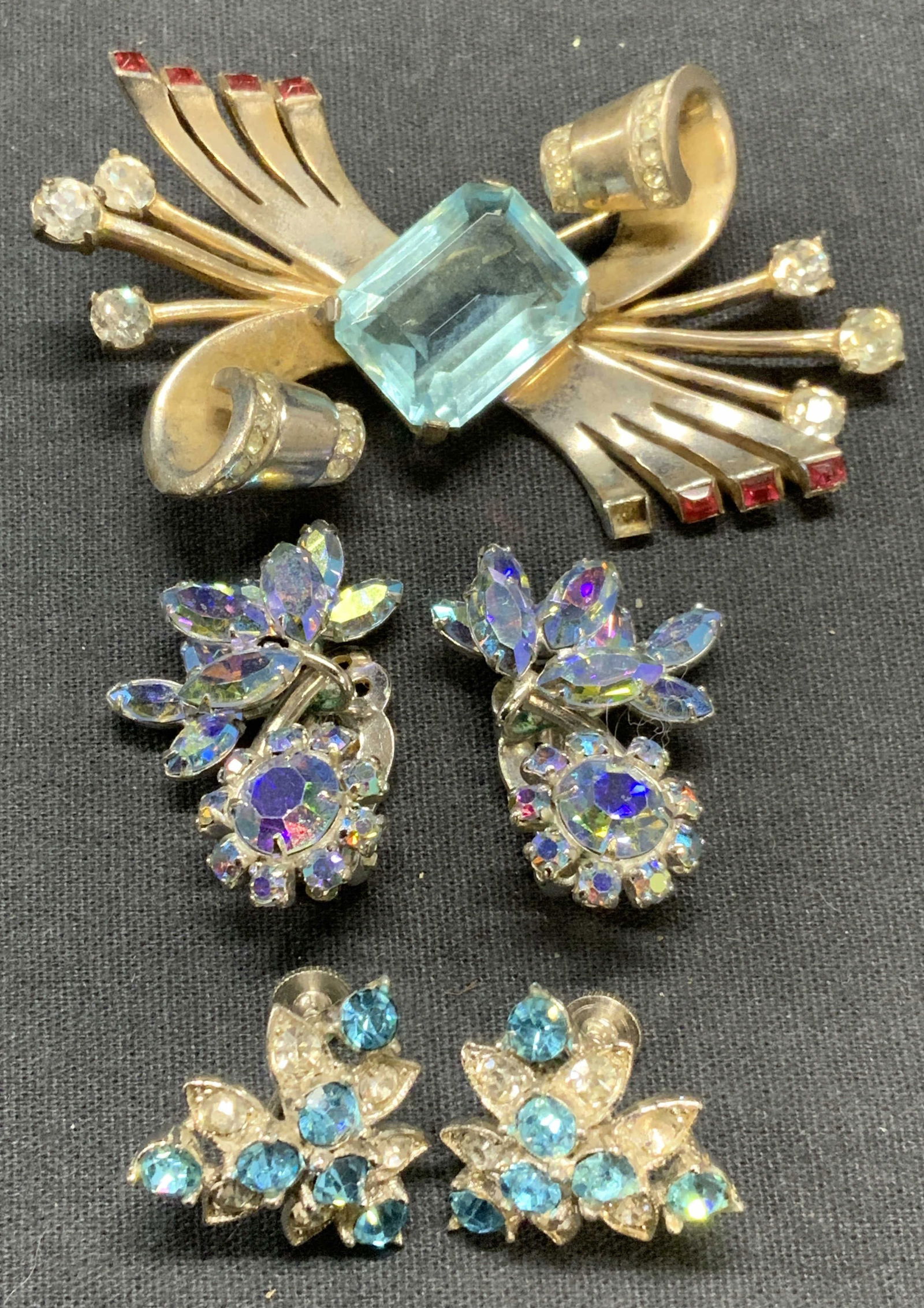 3 MAZER Sterling Silver Crystal Brooch, More: Lot of 3 jewelry pieces. Vintage Mazer sterling silver art deco style brooch with blue, red, and colorless crystal decoration. Signed to underside. Marked sterling. Hinge pin to underside. Measures ap