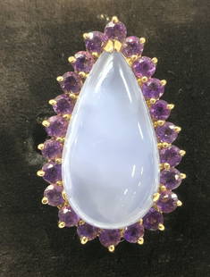 14K Gold PTJ Chalcedony Halo Amethyst Ring: Size 7 3/4 Luxury Cocktail Ring, Marked 14k and PTJ. Lovely gold work on underside of ring. Pearl shape gemstones- Lavender chalcedony cabochon with halo amethyst stones, all print set. Faceted of ame
