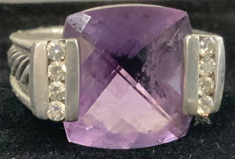 David YURMAN Diamond Amethyst Sterling Silver Ring: Singed DAVID YURMAN Ring, center check cut amethyst , 15 x 15 mm, with channel set faceted diamond ( 8 total) . Inspired Bali Style Jewelry with twisted design on shank . Hand crafted sterling silver.