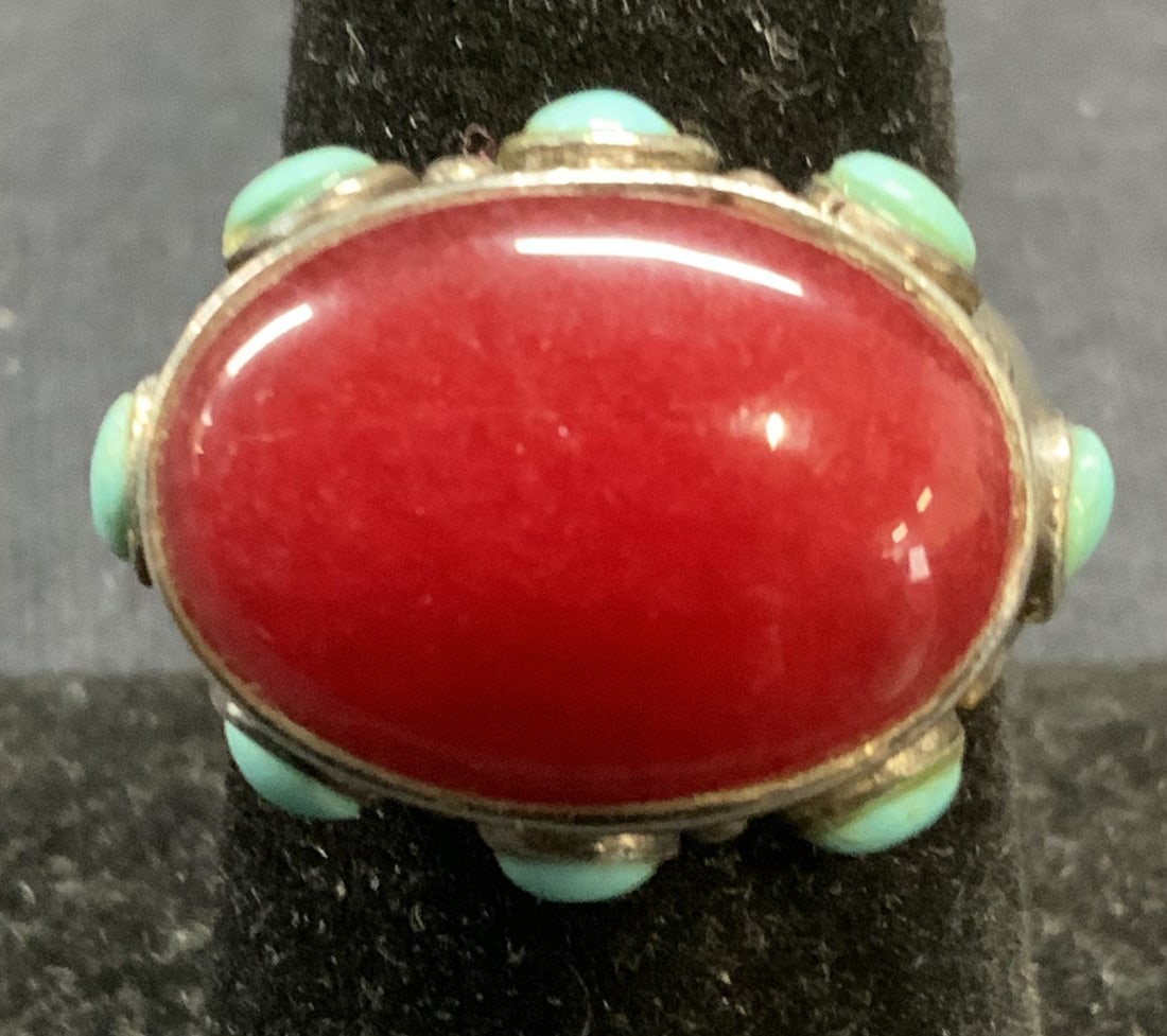Sterling Silver Turquoise & Coral Ring (1 of 6)