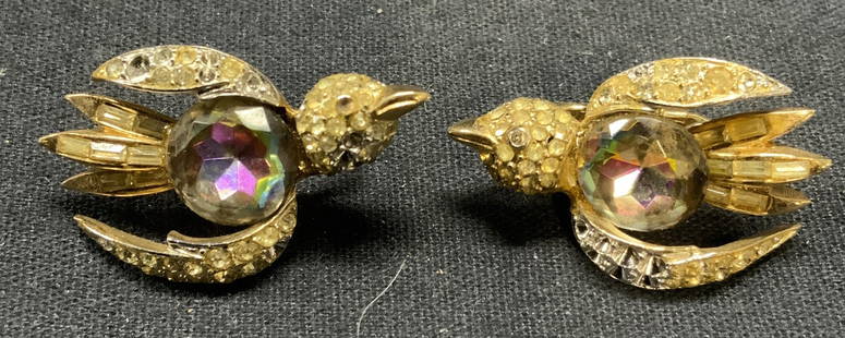 CORO CRAFT Gold Tn Crystal Swallow Earrings: Vintage Coro Craft gold tone and crystal decorated swallow bird clip on earrings. Signed to backings. Measure approx. 1 3/8 x 7/8 inches. Some scratching observed, some crystals need replacement. Earr