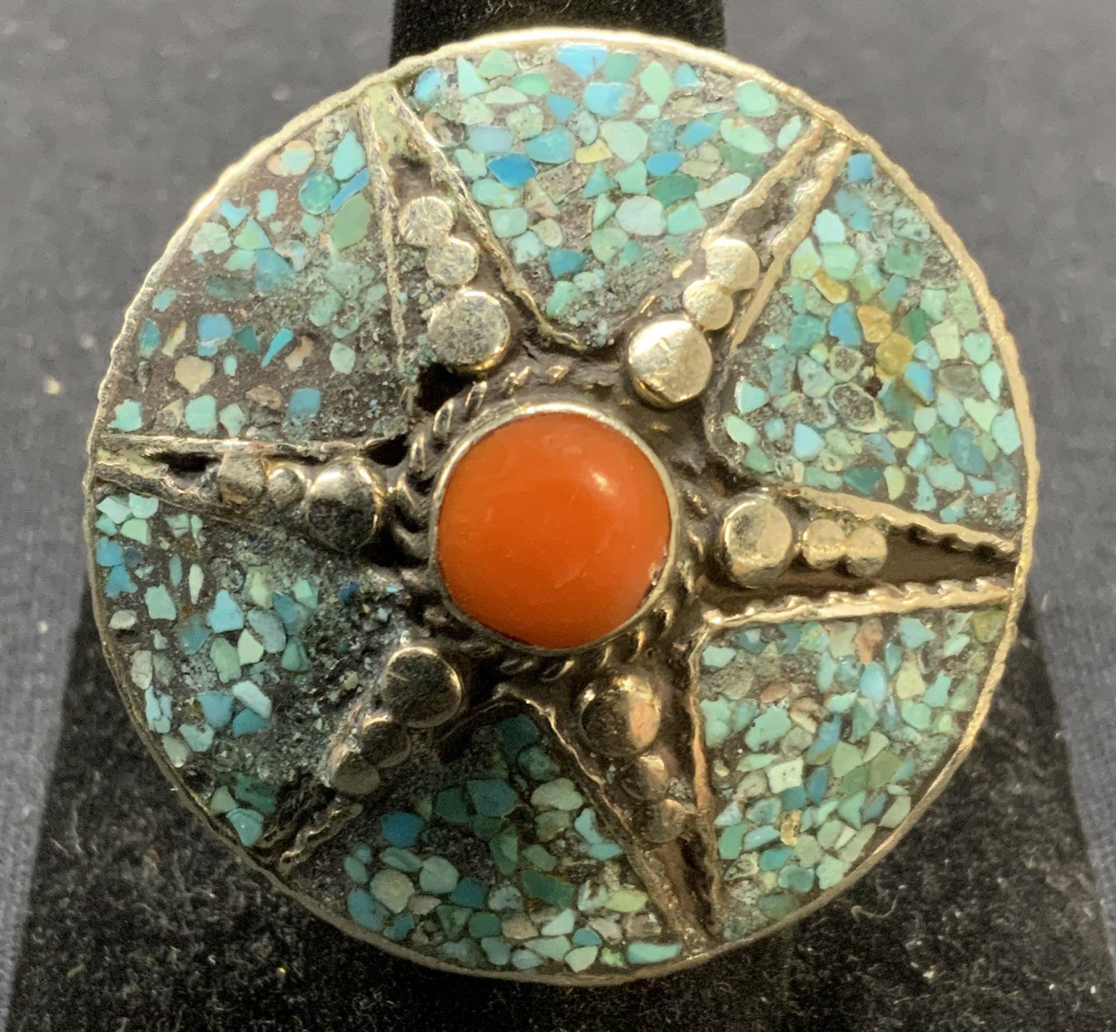 Sterling Silver Turquoise & Coral Statement Ring (1 of 6)