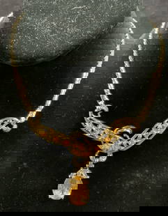 CORO CRAFT Gold Tone Crystal Pendant Necklace: Vintage Coro Craft gold tone orange crystal pendant necklace. Signed to underside. Drop length approx. 5.5 inches, pendant drop length approx. 2 inches. Some scratching observed. Estate jewelry, costu