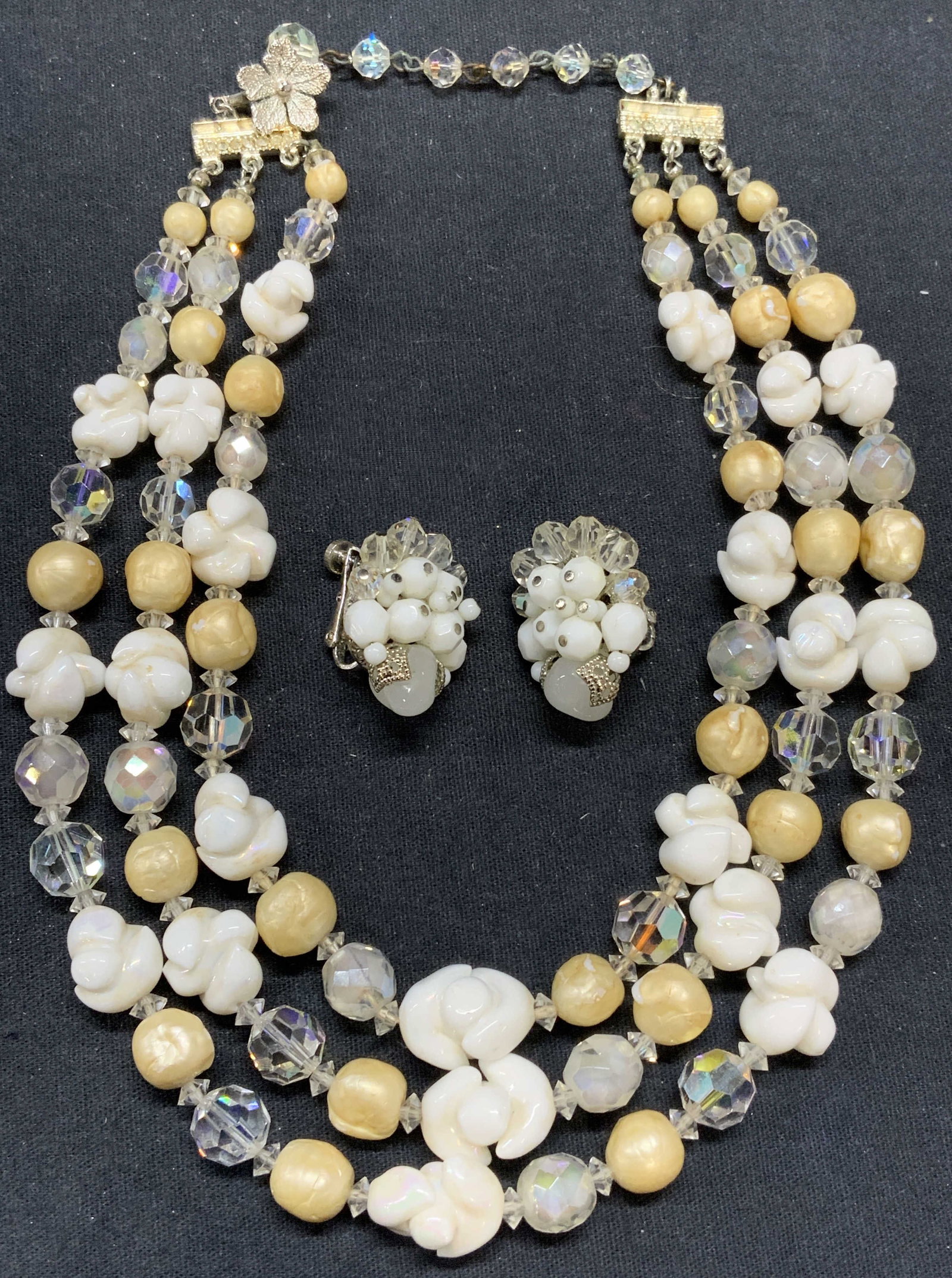 2 VENDOME Faux Pearl Crystal Necklace, More: Lot of 2 jewelry pieces. Vintage Vendome faux pearl, crystal, and white beaded 3 strand necklace. Signed on clasp. Drop length approx. 7 inches. Vintage Vendome crystal and white beaded clip on earrin