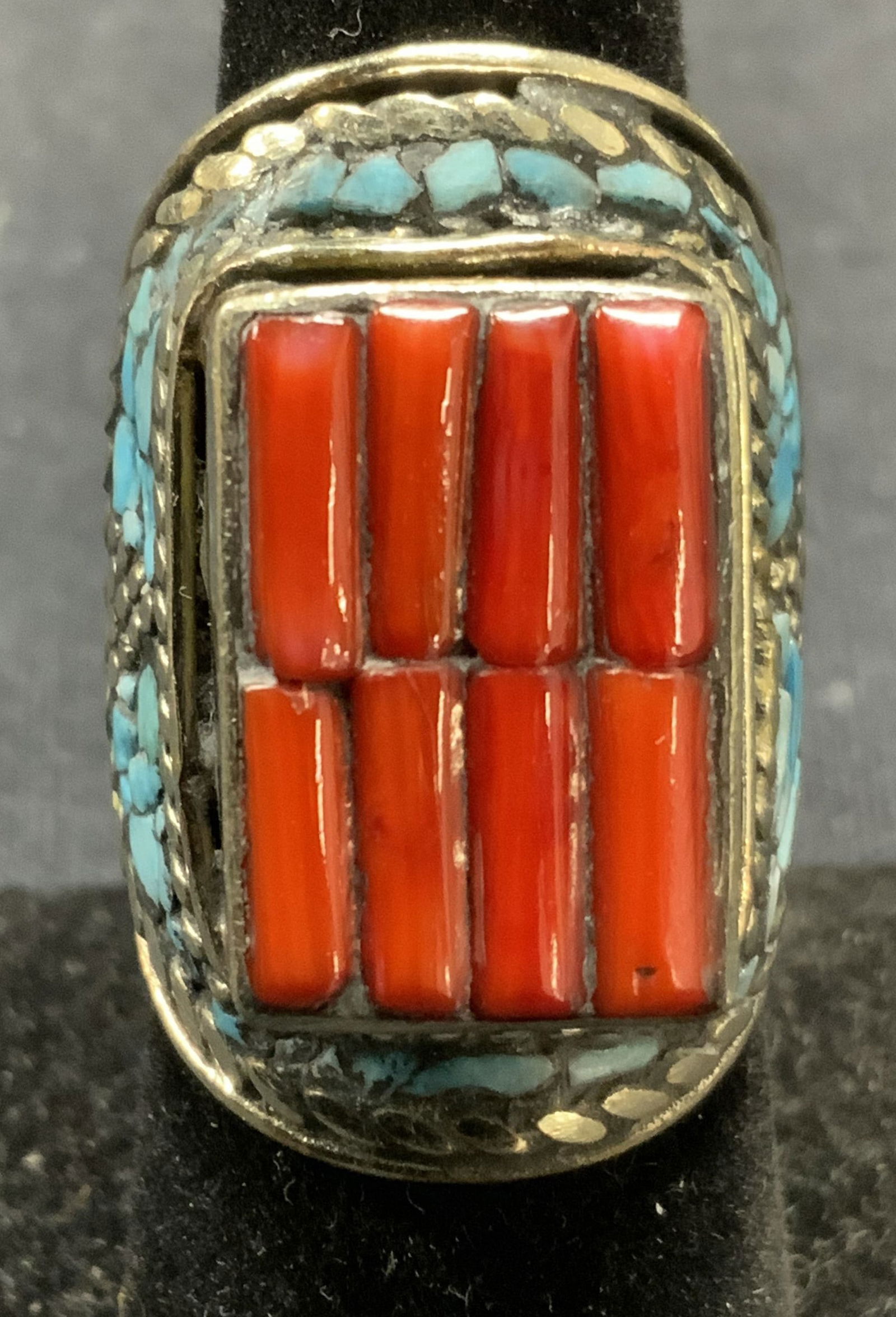 Silver Tone Coral & Turquoise Statement Ring (1 of 6)