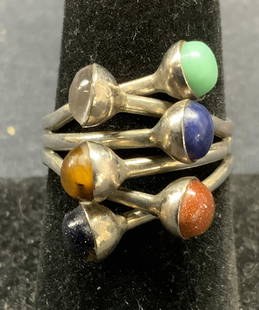 Signed Sterling Silver Amethyst & Tigers Eye Ring: Signed sterling silver ring with amethyst and tigers eye gemstones with goldstone, blue goldstone, lapis, and turquoise style cabochons. Signed to interior band, illegible. Marked 925, Taxco Mexico. R