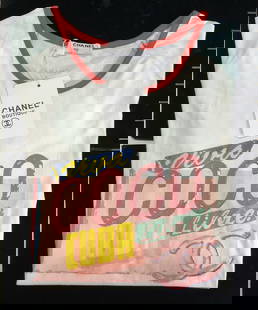 CHANEL Boutique Cotton Viva Coco Tee, NWT: CHANEL Boutique Cotton T Shirt, never worn , new old stock, original tag attached. White with Seafoam blue shirt sleeves and contrasting red collar trim. Wide scoop neck. Print on from reads ?Viva Coc