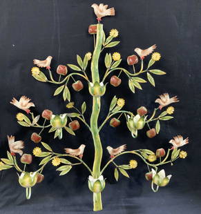 Antique Painted Toleware Wall Decor XL,France, 3ft: Hand Painted Toleware home decor, antique & Made in France. Apple tree with birds and flowers. Functions as a candle holder in the 6 metal tulip forms ( there can be tightened with the square screw wa