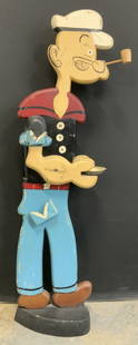 Pinochle Signed POPEYE Standing Ashtray Caddy 3ft: Hand crafted and hand painted vintage wooden floor size Popeye Ashtray caddy with metal match holder, metal cigarette holder and ashtray. Popeye has a wood pipe and is standing on a heart shape base.